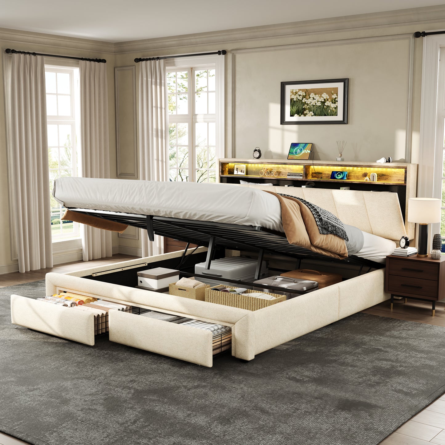 5ft King Upholstered Bed Frame With Hydraulic And Drawers Storage, LED Adjustable Headboard With Charging Station And Concealed Headboard Storage, Linen, No Box Spring Needed,Beige No Mattress