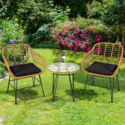 3 Pieces Rattan Furniture Set With Cushioned Chair Table