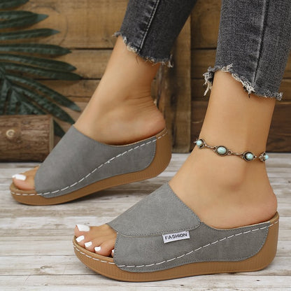 Summer Wedge Slides Slippers Fashion Fish Mouth Thick Bottom Roman Shoes Solid Color Beach Sandals For Women