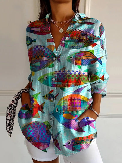 Flowers Print Long Sleeve Shirt Fashion Stand Collar Button Tops For Women Clothing