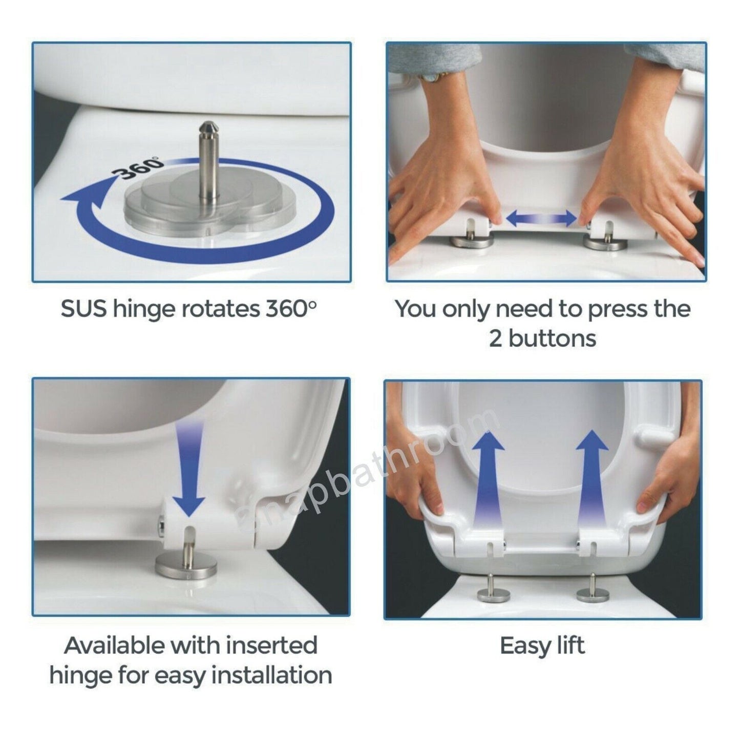 Luxury Square Toilet Seat Heavy Duty White Soft Close Top Quick Release Hinges