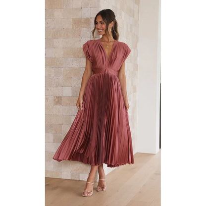 Summer V-neck Pleated Dress INS Fashion Casual Loose Zip Sleeveless Dresses For Women Clothing