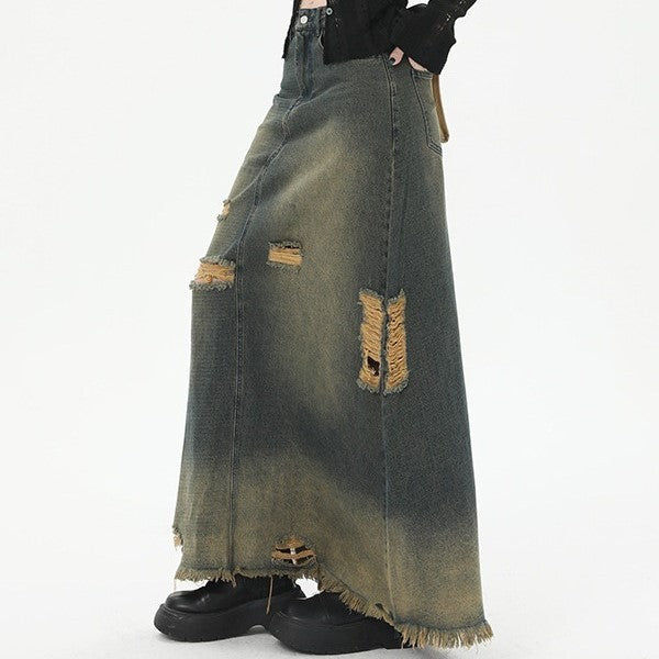 High Waist Loose And Slimming Long Skirt Ripped Denim Skirt