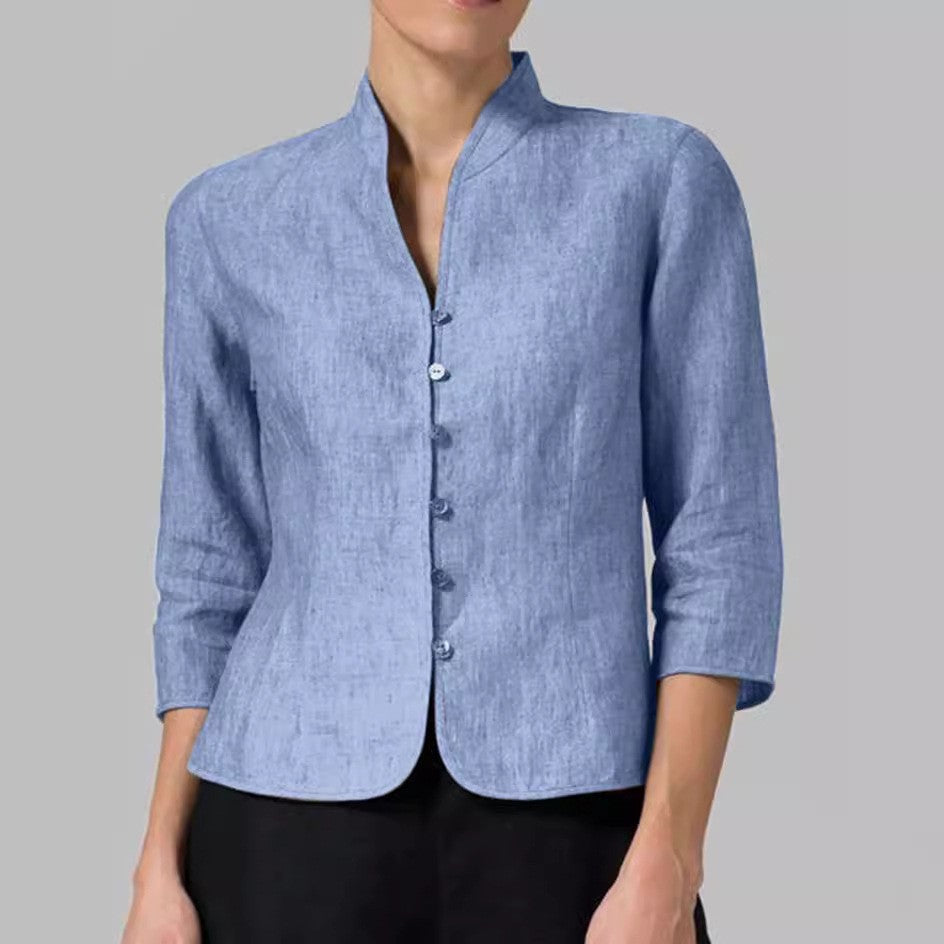Slim Three-quarter Sleeve Button Jacket INS Fashion V-neck Stand Collar Outwear Tops Solid Color Clothing For Women