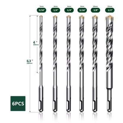 6PCS Hammer Drill Bits SDS  Plus Set Concrete Masonry Granite Fit