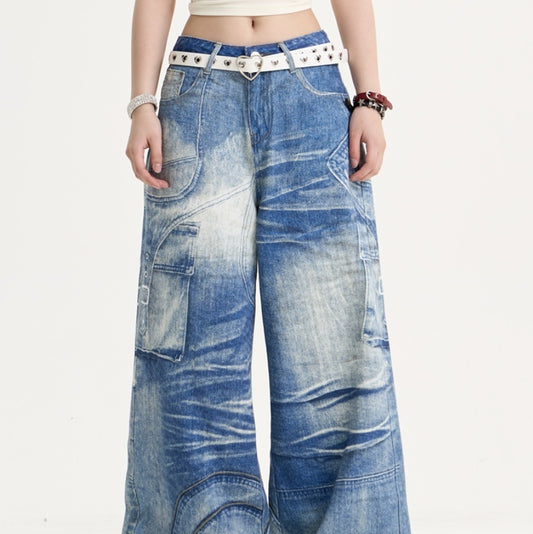 American Retro Sweet Cool Printed Wide-leg Jeans Women's Loose Slimming
