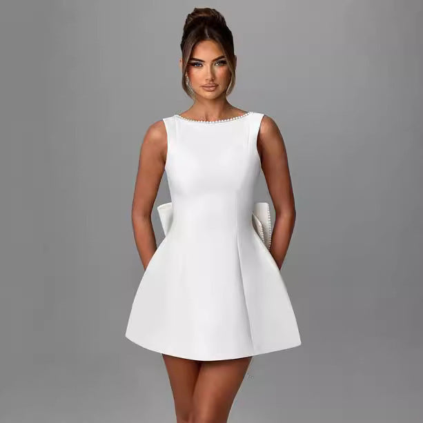 Fashion Big-Bowed Pearls Backless Dress Summer Slim Sleeveless A-line Dresses For Party Evening Women's Clothing