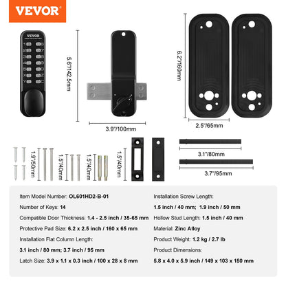 VEVOR Mechanical Keyless Entry Door Lock, 14 Digit Keypad, Outdoor Gate Door Locks Set With Surface-mounted Latch, Water-proof Zinc Alloy, Keypad And Knob, Easy To Install, For Garden, Garage, Yard