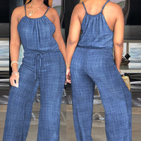 Solid Color Cotton And Linen Drawstring Casual Jumpsuit
