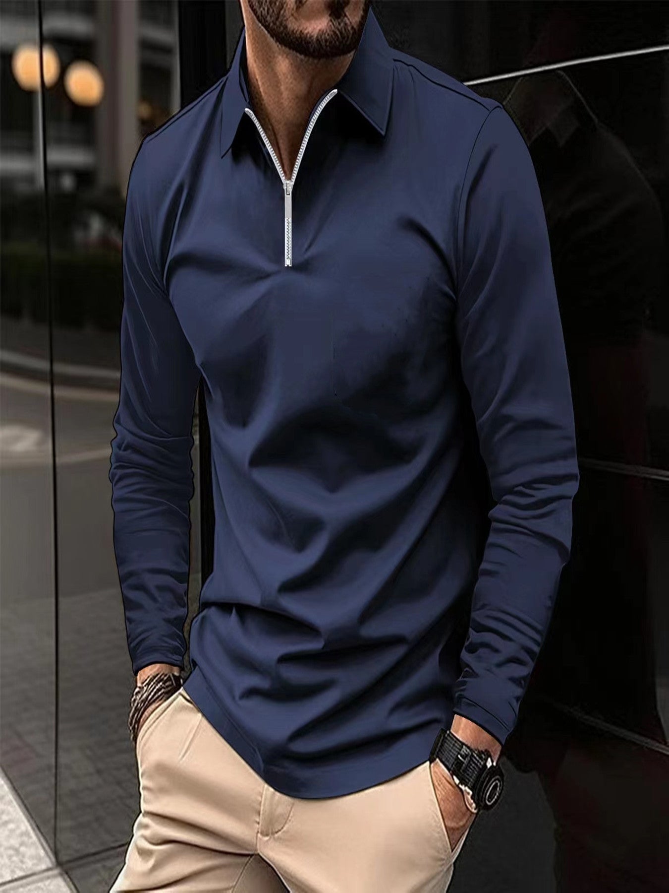 Zipper Men's Solid Color Long Sleeve Sports Polo Shirt