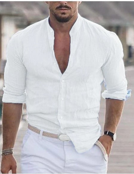 Men's Long Sleeve Shirt With Button Casual Solid Color Tops For Spring Autumn
