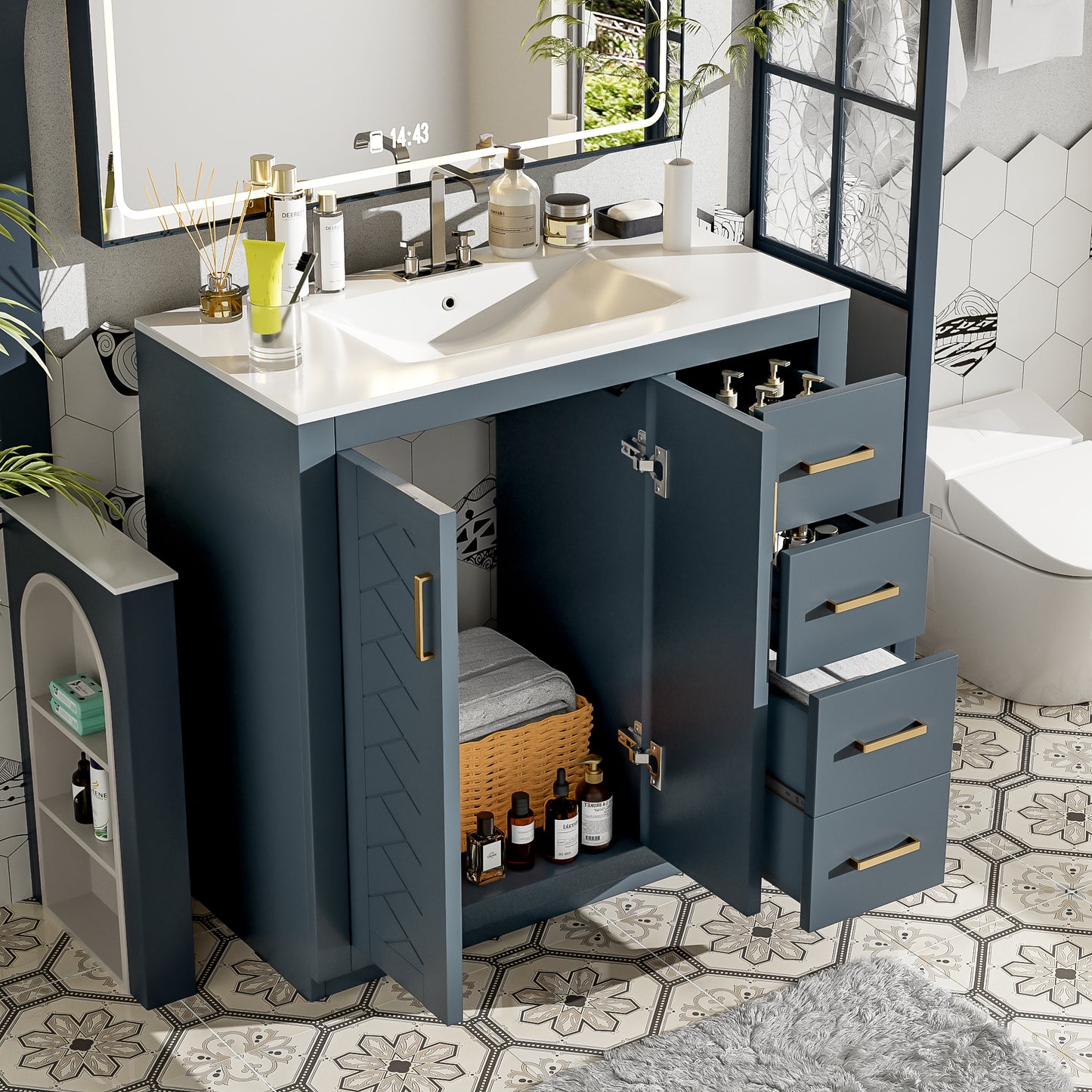 36'' Bathroom Vanity With Ceramic Sink Combo, Solid Wood Frame Bathroom Storage Cabinet, Freestanding Vanity Set With 3 Drawers& Soft Closing Doors