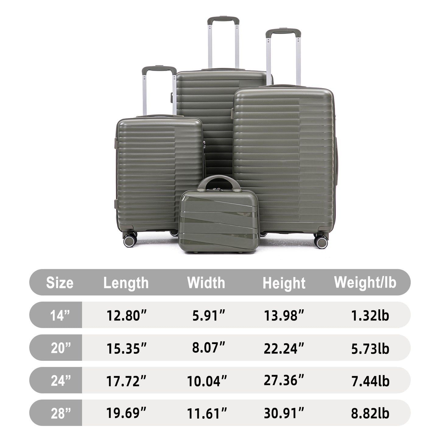 14  20  24  28   4 Pcs  Set In PP Spinner Wheel Luggage, Carry On Suitcase, Iron Pull Rod, Combination Password Lock, 14 Cosmetic Case  Green