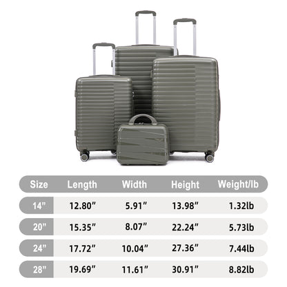 14  20  24  28   4 Pcs  Set In PP Spinner Wheel Luggage, Carry On Suitcase, Iron Pull Rod, Combination Password Lock, 14 Cosmetic Case  Green