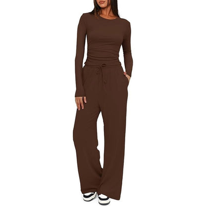 2 Pieces Women's Suit Autumn Winte Long Sleeve Tops High Waisted Wide Leg Pants Sportswear Female Clothes Solid Color Casual Suit