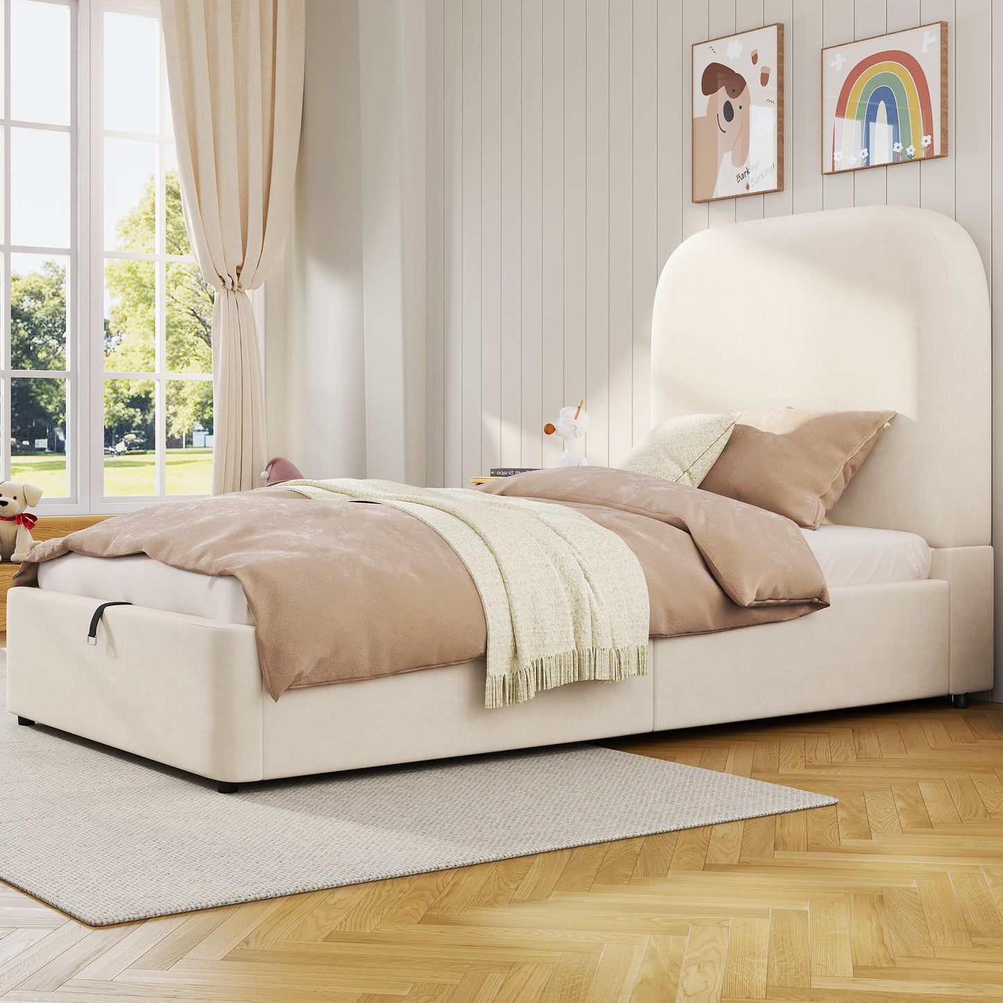 Upholstered Bed, Single Bed, Children's Bed, 3ft-90 X 190cm, Hydraulic Bed, Bed With Headboard And Large Storage Space, Upholstered Headboard, Velvet, Beige