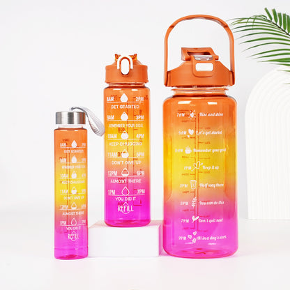 3-in-1 Gradient Color Motivational Water Bottles Set Plastic Straw Double Drink Translucent Outdoor Sports Bottle