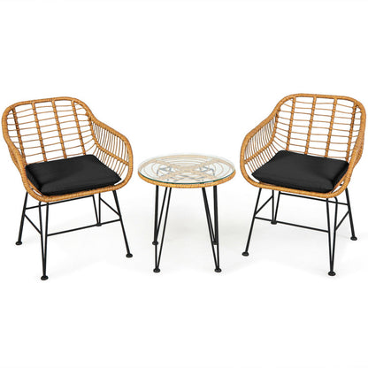 3 Pieces Rattan Furniture Set With Cushioned Chair Table