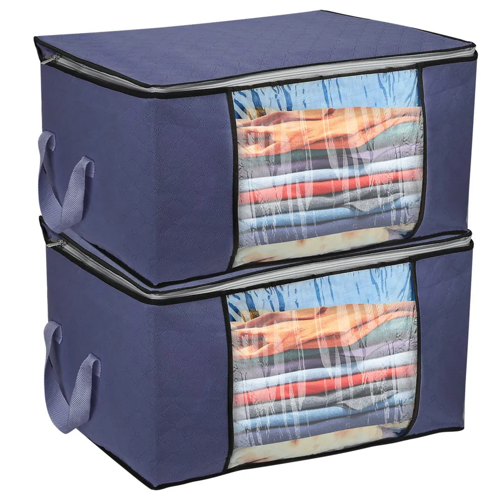 2Pcs Clothes Storage Bag 90L Large Capacity Foldable Closet Organizer W/ Thick Fabric Clear Window Dual-Zipper