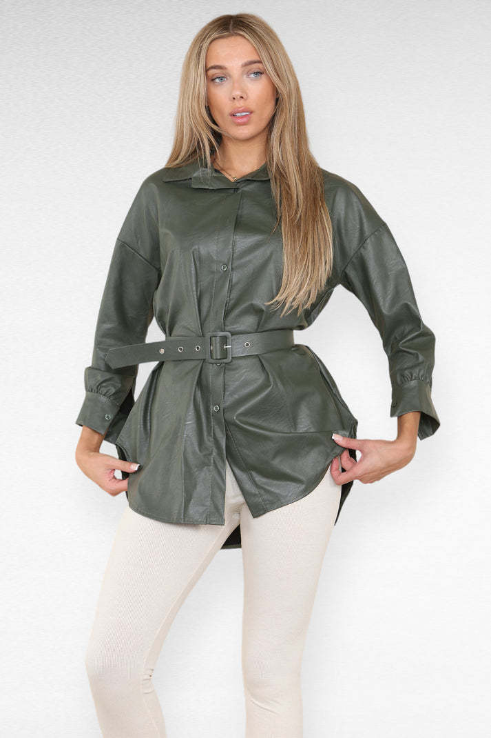 PU Faux Leather Belted Wet Look Shirt Dress