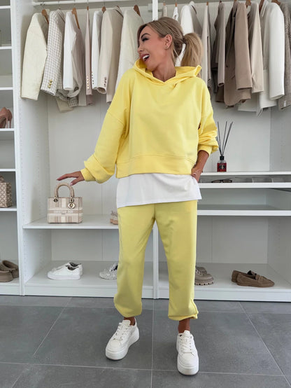 Hooded Sweatshirt Suit Loose Long Sleeve False Two-piece Tops And Jogger Sports Trousers Casual Spots Set For Women's Clothing