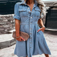 Women's Single-breasted Lapel Denim Dress Ins Fashion Temperament Slim-fit Short-sleeved Dress Summer