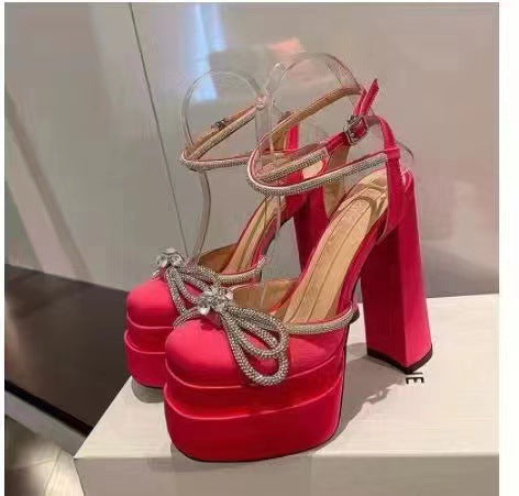 Women's Square Toe Heel Double Platform Thick High Heel Bow Large Size Hollow Sandals