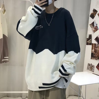 Color Blocked Autumnwinter Crewneck Sweater For Men