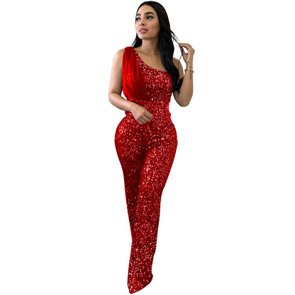 Women's Solid Color Sleeveless One-shoulder Sequined Trousers Jumpsuit