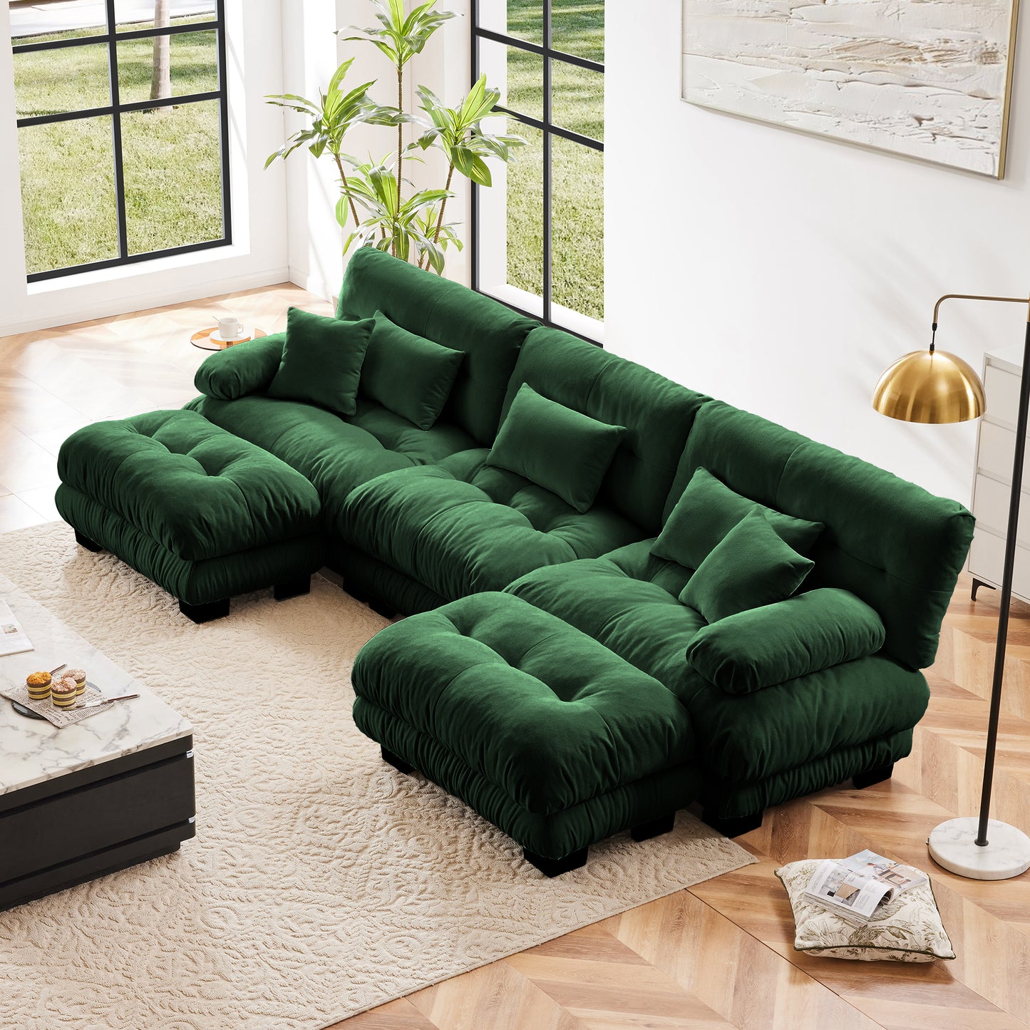 Luxury Modular Sectional Sofa Couch - Oversized U Shaped Cloud Couch For Living Room,Deep Seat Sofa Couch With 2 Ottomans ,Chenille Green