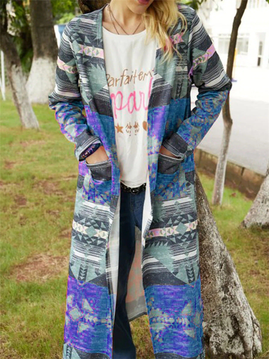 Geometric Print Cardigan Thickened Large Size Slim And Long Trench Coat