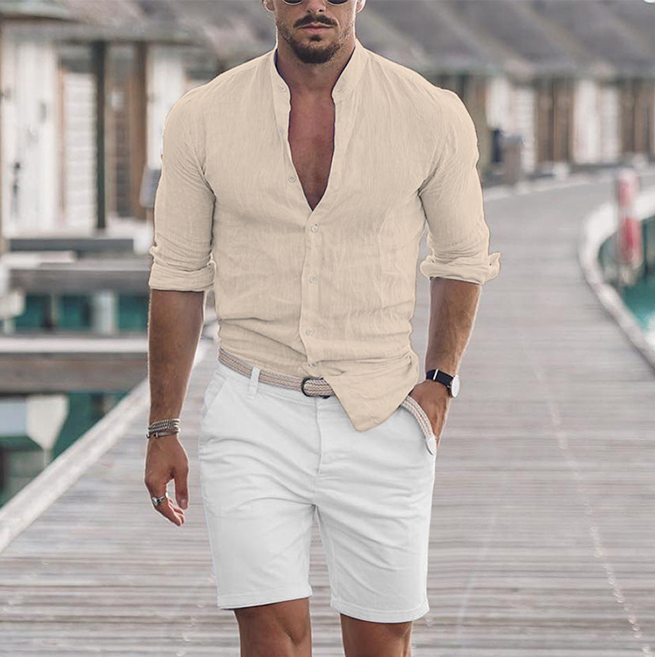 Men's Long Sleeve Shirt With Button Casual Solid Color Tops For Spring Autumn