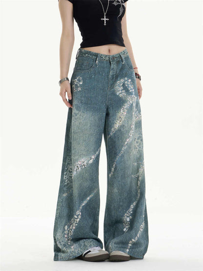 Women's Bowknot Printed Jeans Loose Wide-leg Pants
