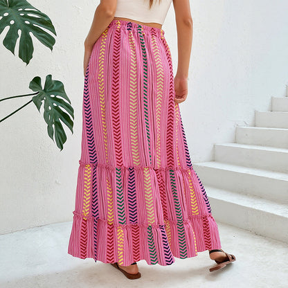 Womens Tassel-Laced Ethnic-Style Striped Printed Skirt