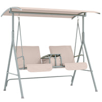 2 Seater Garden Swing Chair Patio Rocking Bench W/ Tilting Canopy, Double Padded Seats, Storage Bag And Tray, Beige