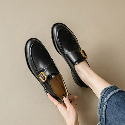 Casual Simple Round Head Belt Buckle Women's Leather Shoes