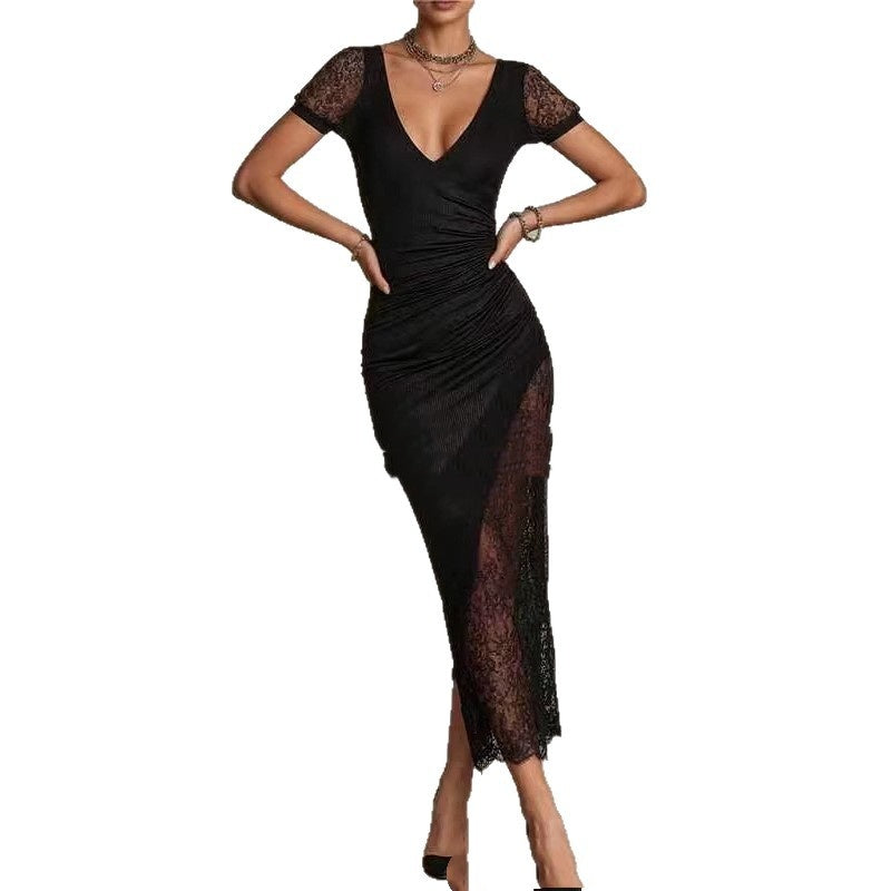 Lace Sheer Deep V-Neck Sexy Slim-Fit Fashionable Long Dress