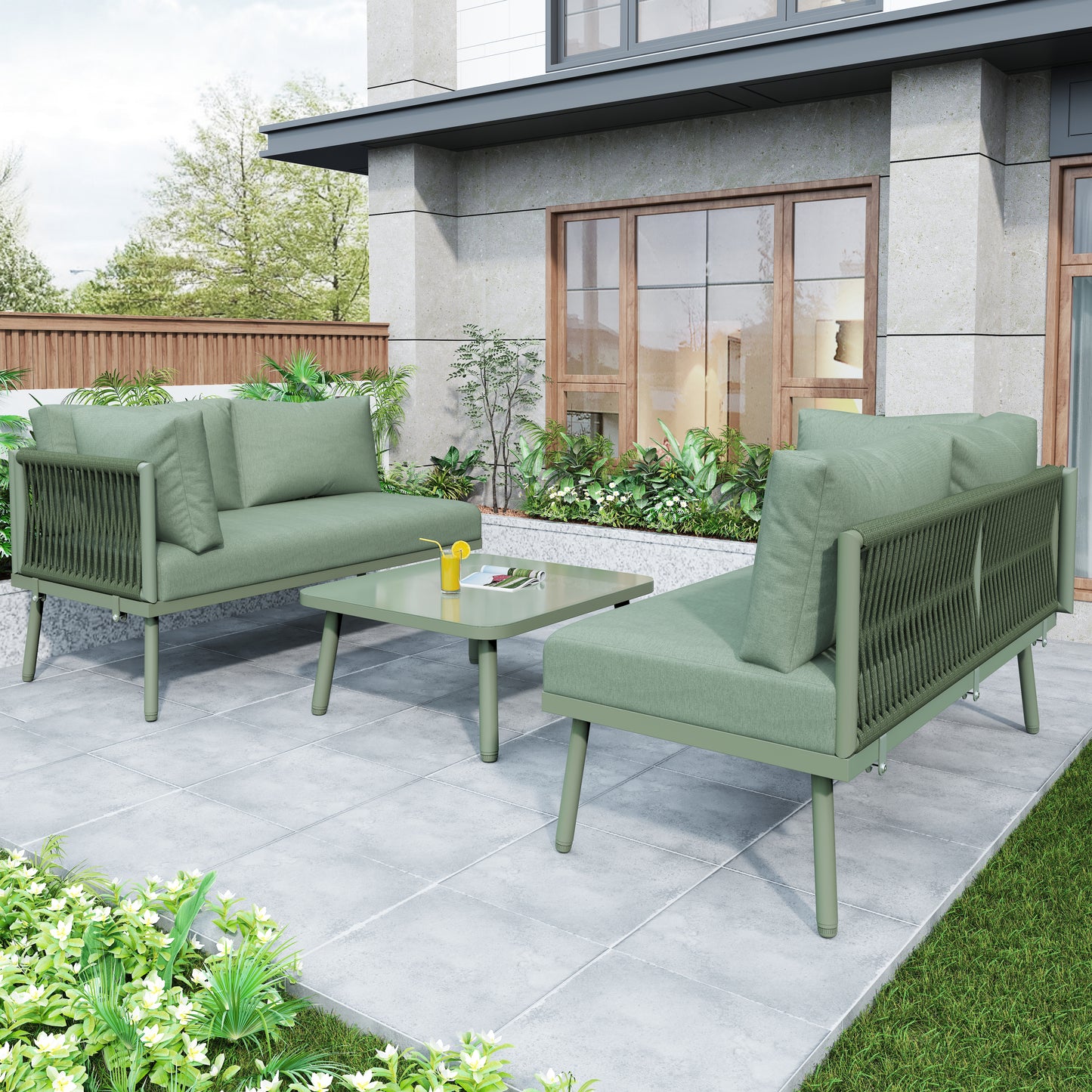 Outdoor Patio&Backyard Furniture Garden Lounge Set For 4-5 People, Thick Quality Space Saving L-Shaped Corner Sofa With Glass Coffee Table, Green