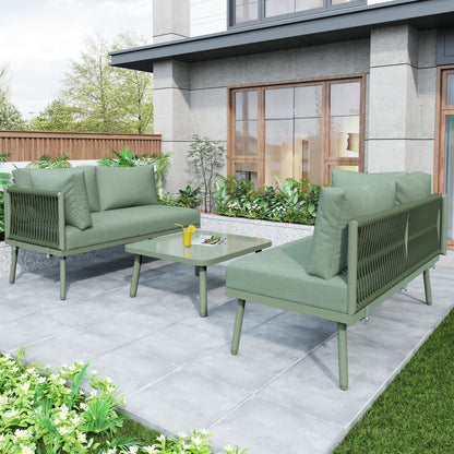 Outdoor Patio&Backyard Furniture Garden Lounge Set For 4-5 People, Thick Quality Space Saving L-Shaped Corner Sofa With Glass Coffee Table, Green