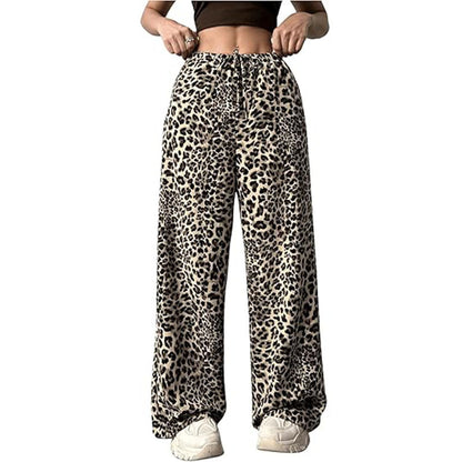 Women's Casual Leopard Print High Waisted Wide-Leg Pants Elegant Drawstring Loose Long Trousers