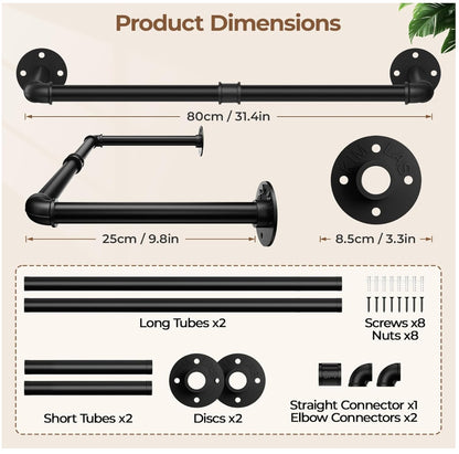 Tienily Industrial Pipe Clothes Rack, Metal Hanging Rails For Clothes, 80cm Clothes Rail Wall Mounted For Bedroom Storage