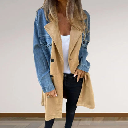 Women's Suit Collar Denim Stitching Mid-length Coat