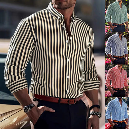 Ins Stripe Printed Long Sleeve Shirt Men Fashion Casual Lapel Button Top Clothing
