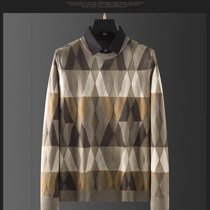 Contrast Color Diamond Lattice Fake Two-piece Warm Men's Shirt
