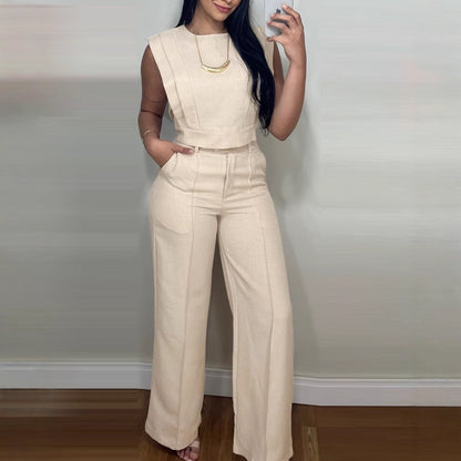 Summer Sleeveless Suit Fashion Round Neck Vest Top And Pocket Straight Pants Casual Trousers Set For Women Clothing