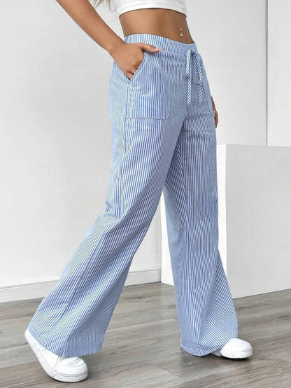 New Striped Trousers With Pockets Casual Versatile Loose Wide Leg Pants Women's Clothing