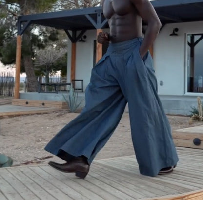 Men's Grey Waist Pleated Wide-leg Pants