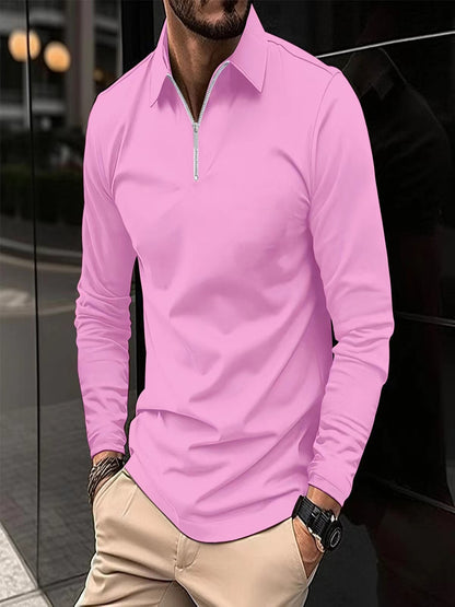 Zipper Men's Solid Color Long Sleeve Sports Polo Shirt