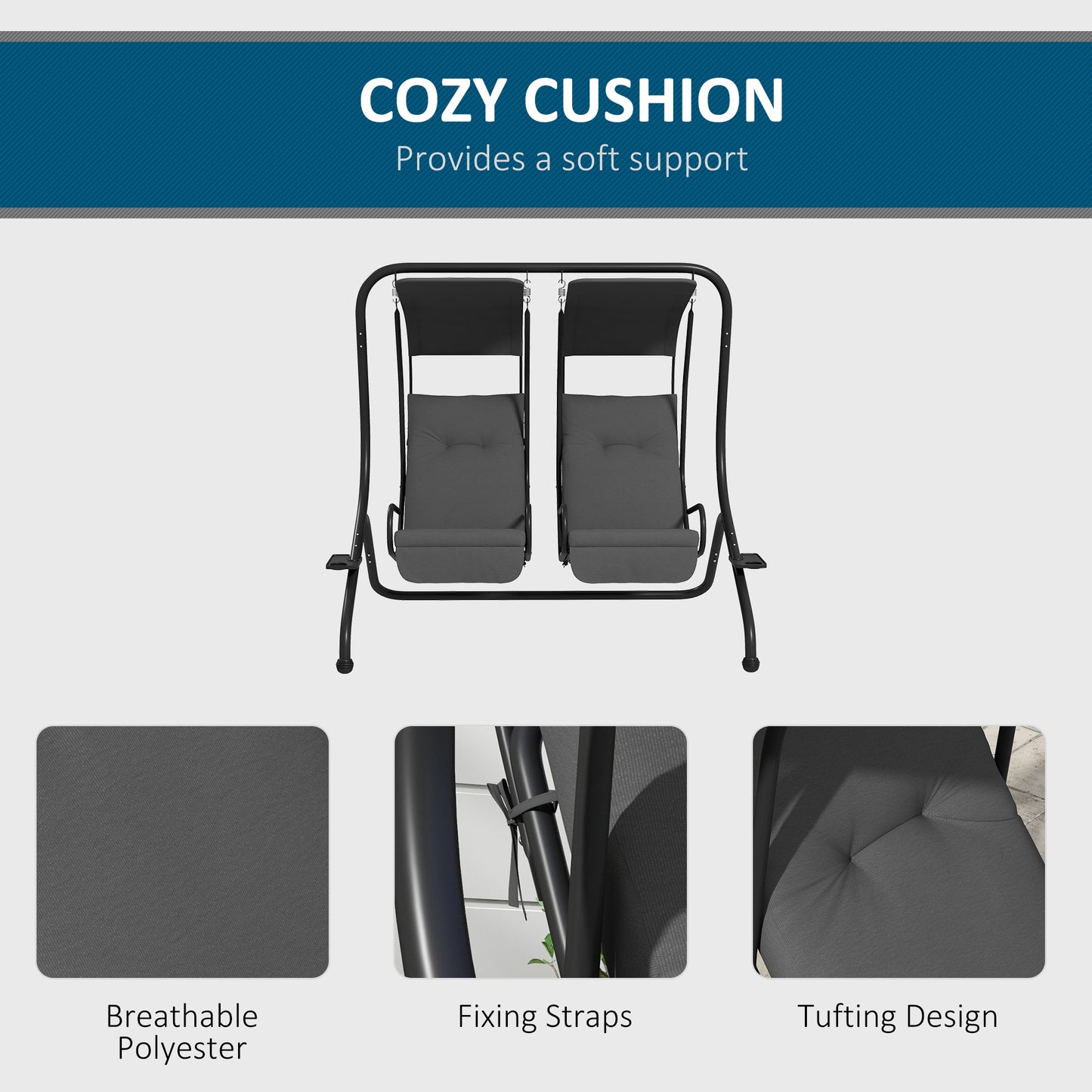 2-Seater Outdoor Porch Swing with Canopy, Patio Swing Chair for Garden, Poolside, Backyard, Gray
