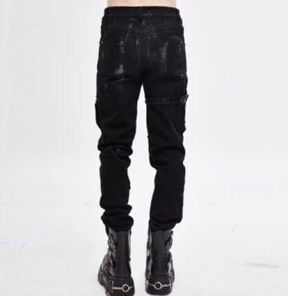 Punk Mecha Mens Trousers Slim-fit Casual Pants With A Washed Distressed Denim Look